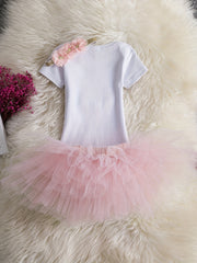 Baby Girls 1st Birthday Outfit Cartoon Print Top Mesh Skirt 3pcs Kids Clothes