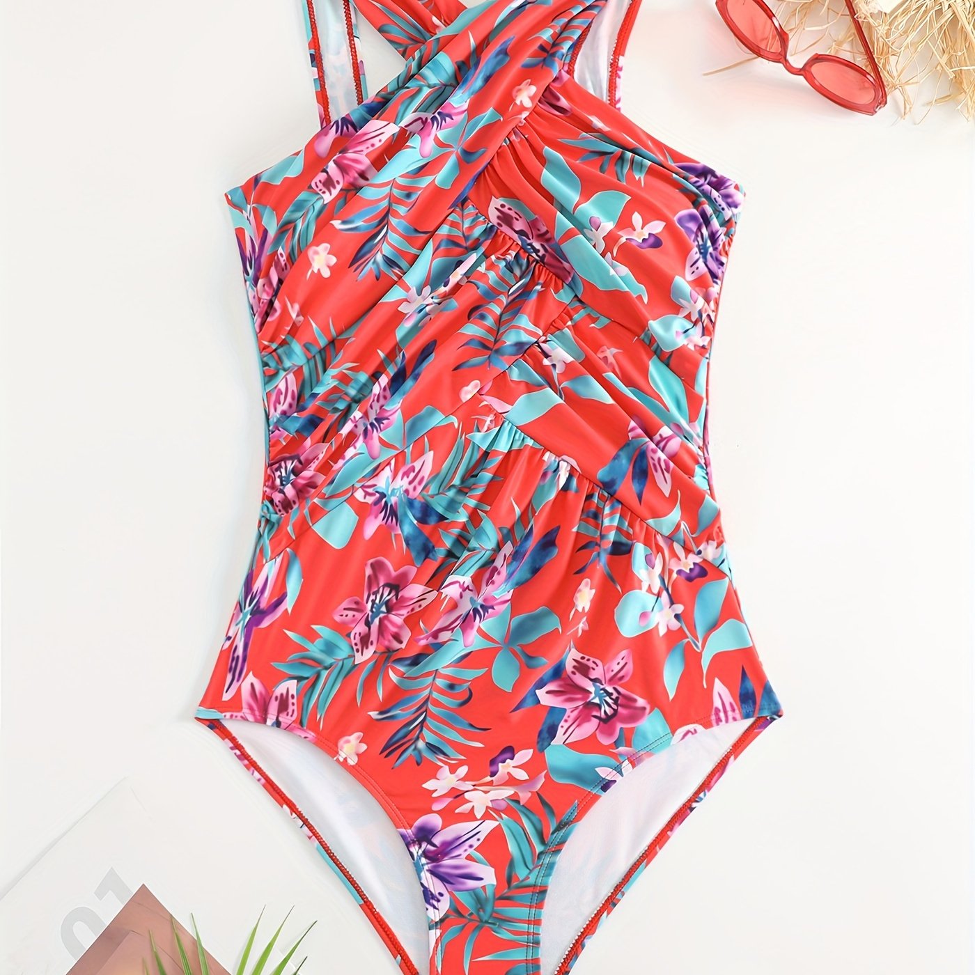 Tropical Print Halter One Piece Swimsuit