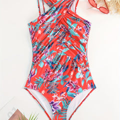 Tropical Print Halter One Piece Swimsuit