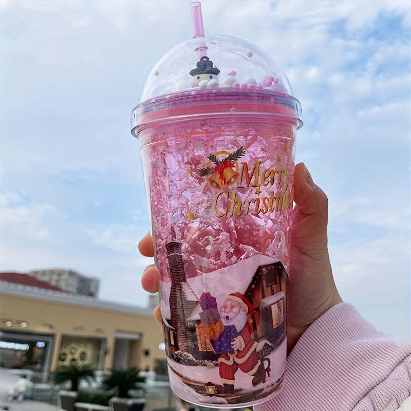 450ml Christmas Pattern Double Layered Straw Water Cup