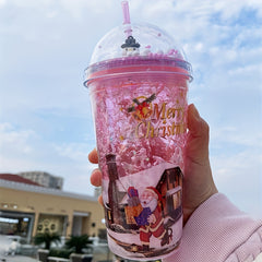 450ml Christmas Pattern Double Layered Straw Water Cup