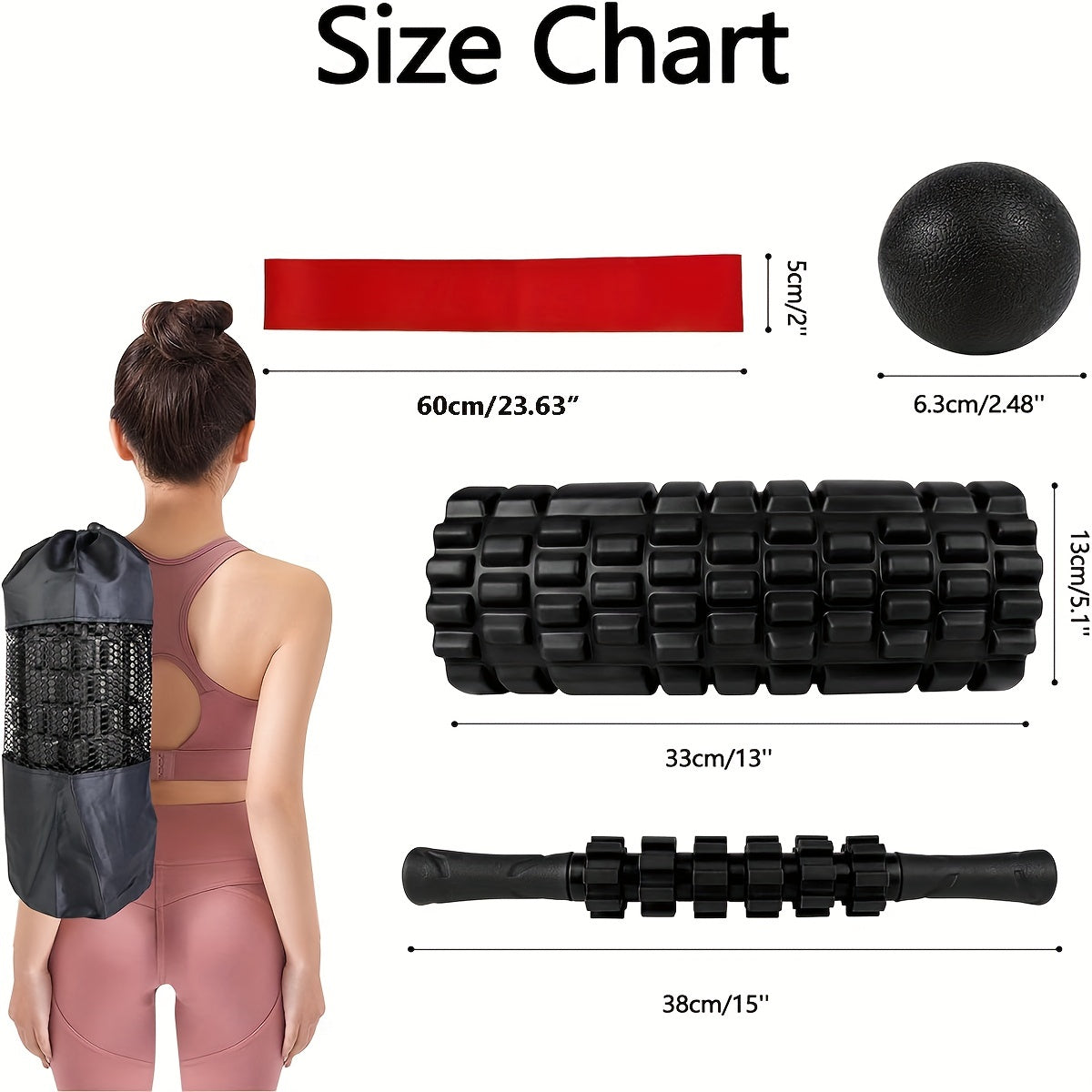 5pcs Yoga Set: Roller, Massage Balls, Resistance Bands, Storage Bag