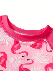Flamingo Print Girls Swimsuit Long Sleeve Sun Protection