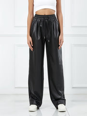 Soft PU Leather Casual Sports Pants Elastic Waist Running Jogging Pants