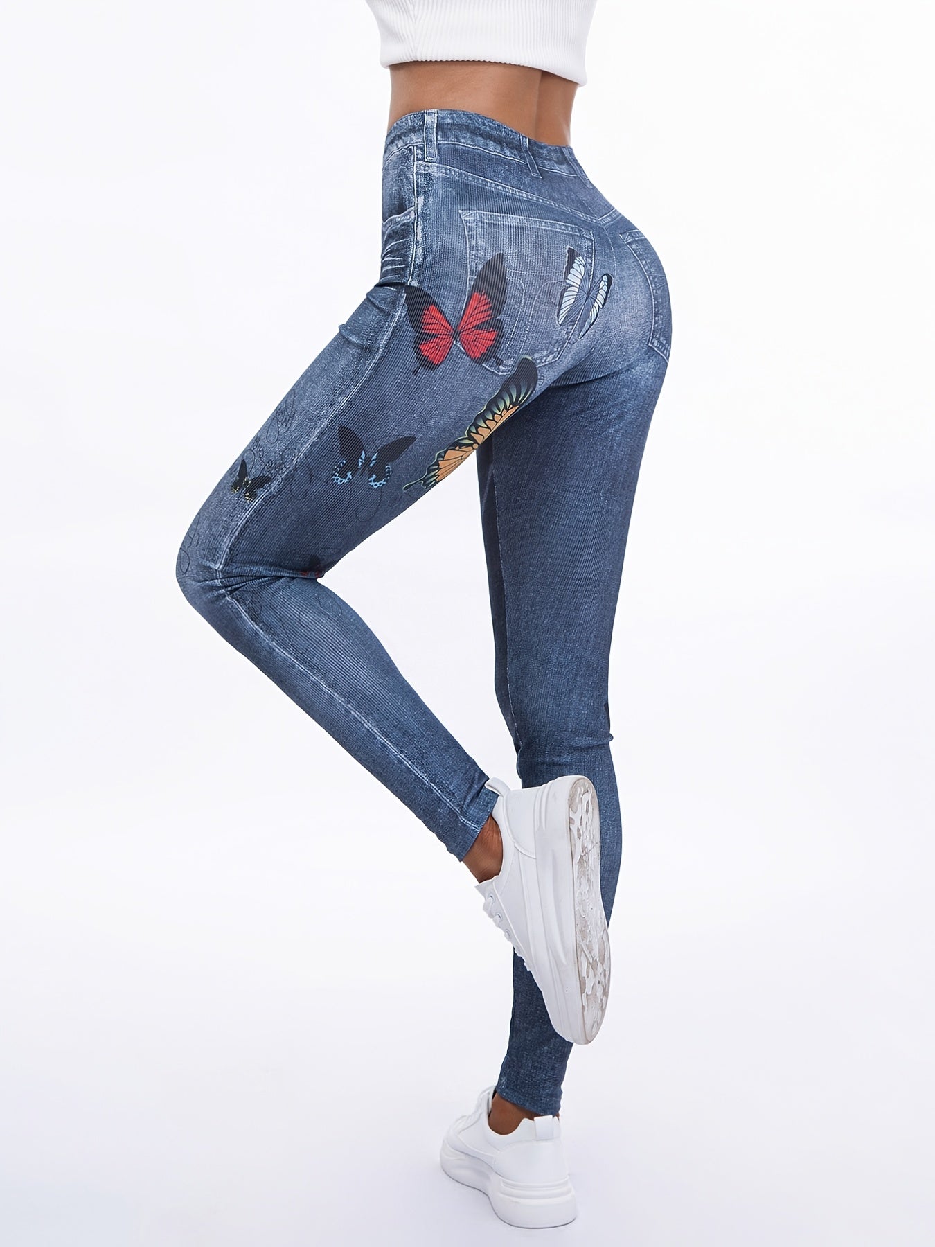 Women's Faux Denim Floral Yoga Pants High Waist Leggings