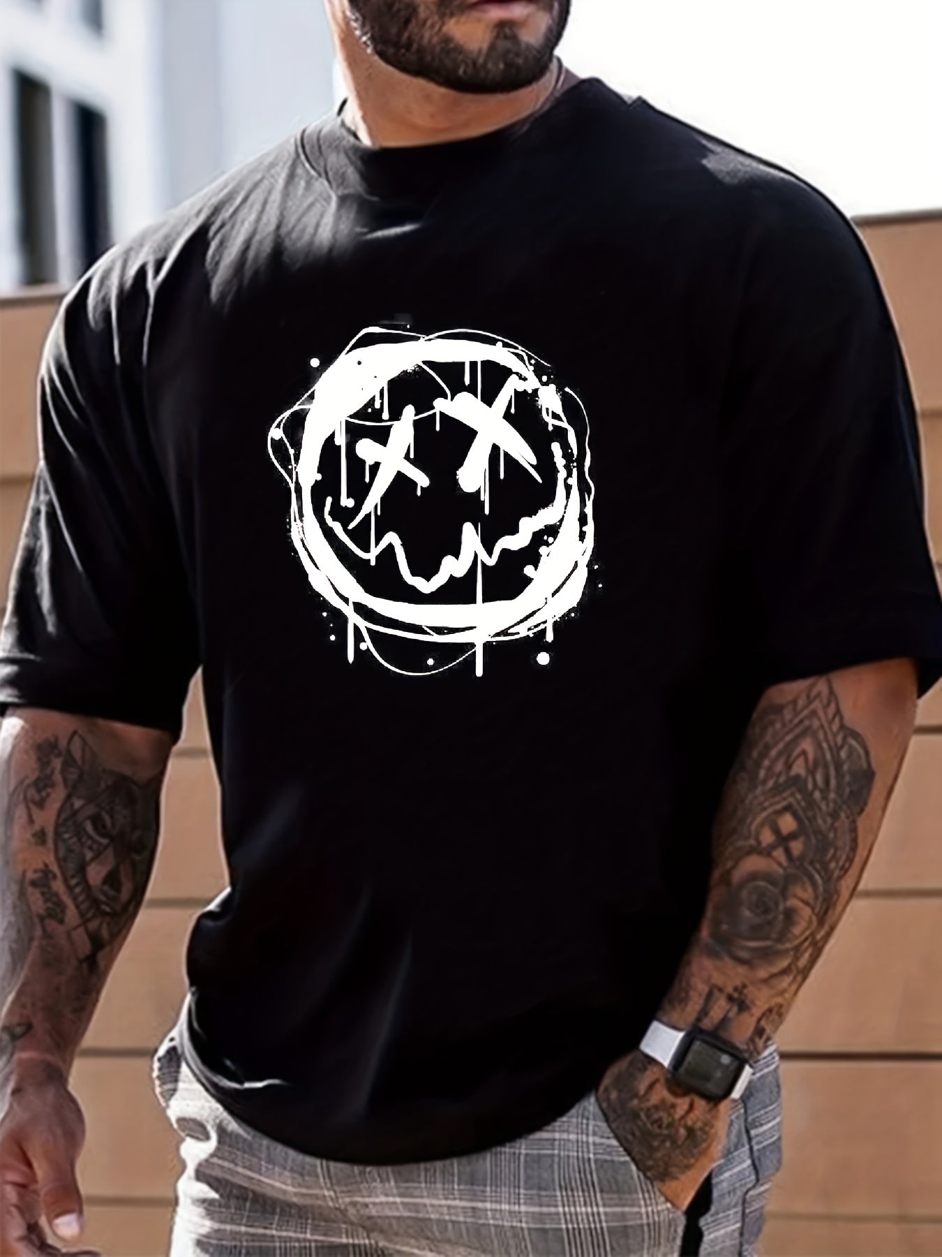 Cross Eyes Face Print Men's Graphic Crew Neck Niche T shirt