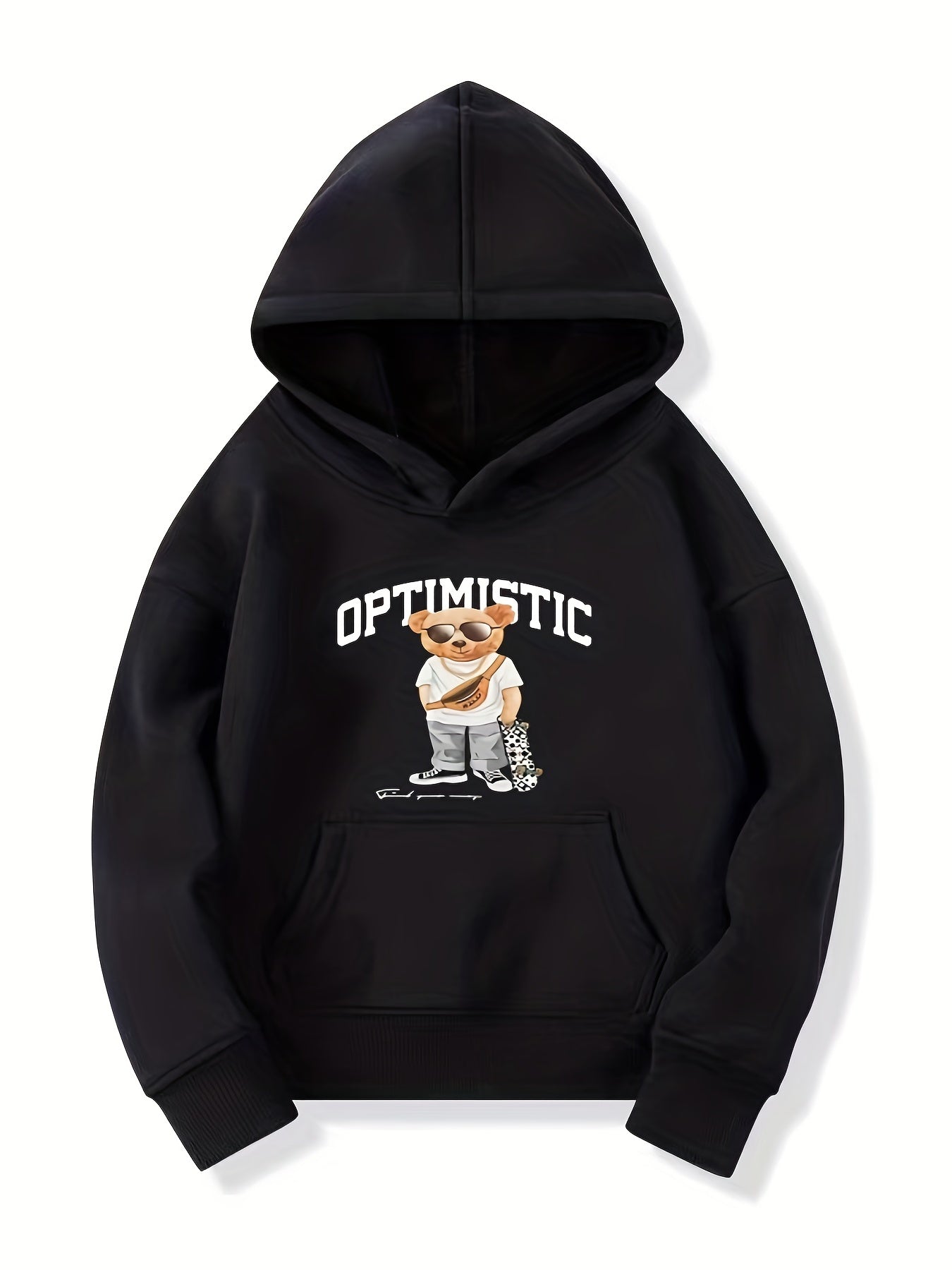 Skateboard Bear & OPTIMISTIC Letter Boys Hooded Sweatshirt