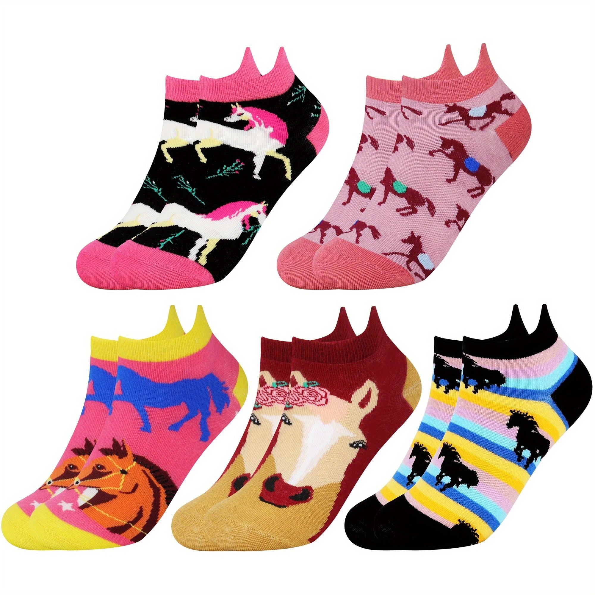 5 Pairs Girls Kids Cartoon Horse Ankle Socks - Cotton Blend