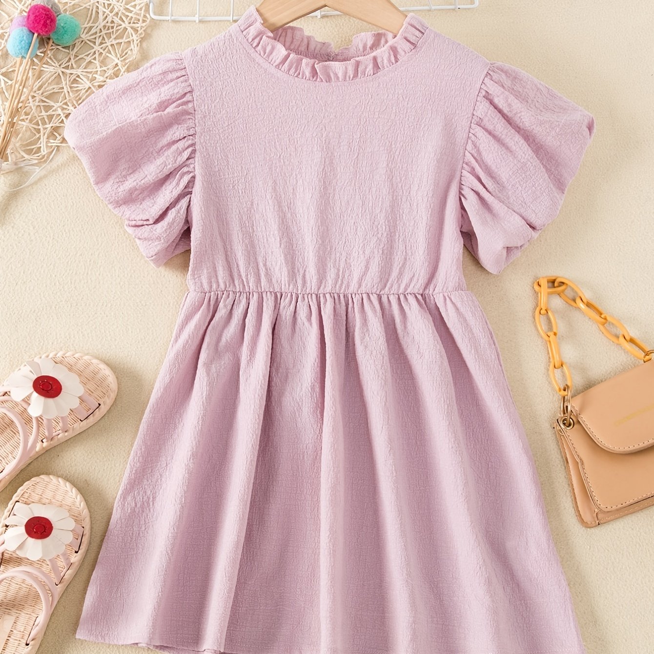 Girls Princess Dress Ruffle Neck Puff Sleeve High Waist Swing Dress