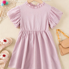 Girls Princess Dress Ruffle Neck Puff Sleeve High Waist Swing Dress