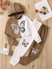2 Girls Butterfly Print Crop Hoodie Sweatshirt & Pants Set