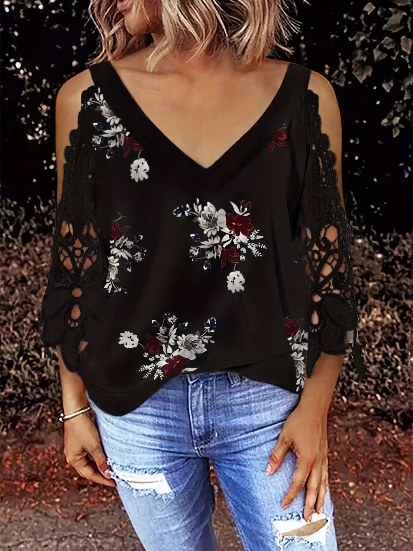 Women's Plus Floral Lace V Neck Sleeve Blouse