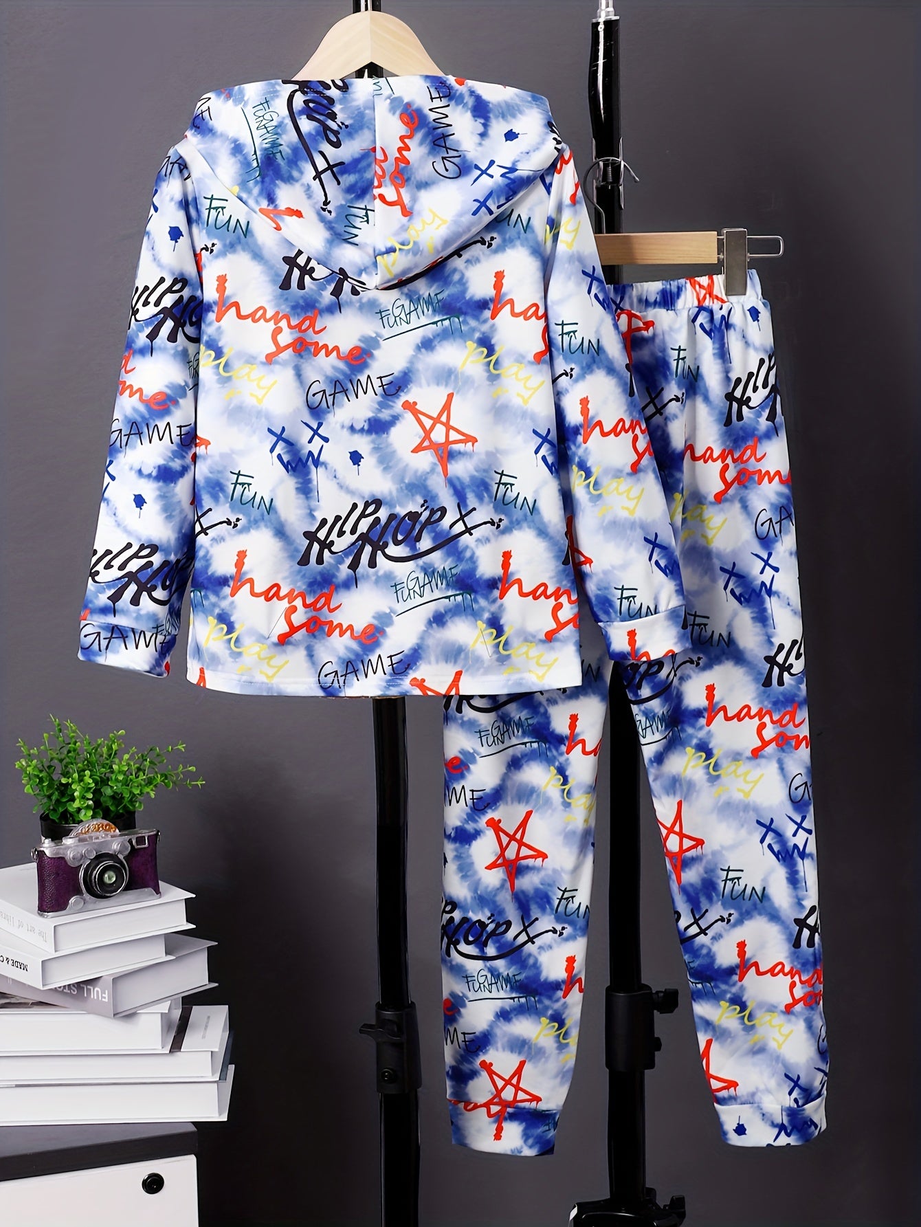 Graffiti Pattern Boy's 2pcs Hoodie & Sweatpants Set Tie Dye Casual Outfits