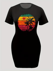 Colorblock Sun & Coconut Tree Print Casual Dress