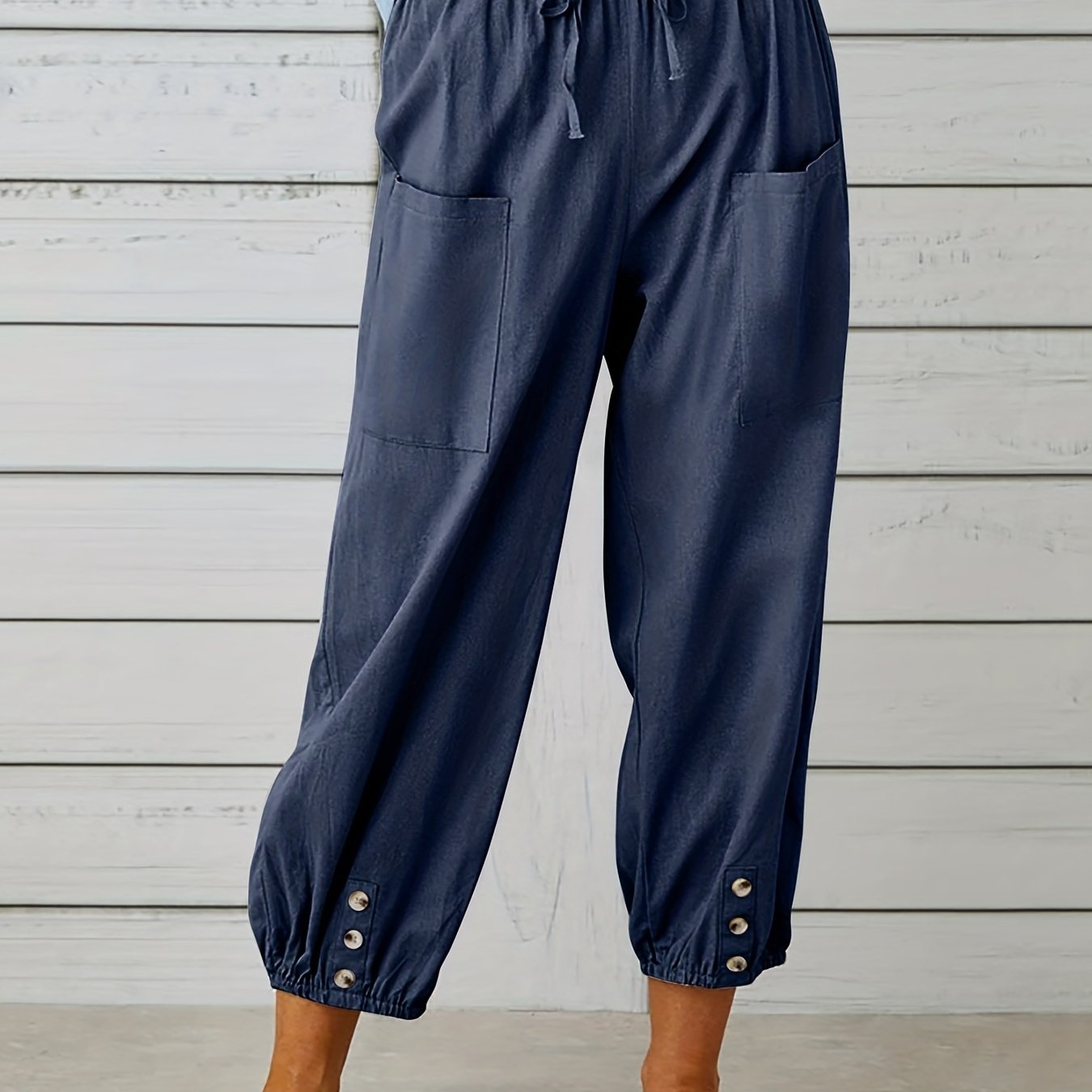 Minimalist Elastic Waist Cropped Pants Casual Solid Drawstring Pants Women