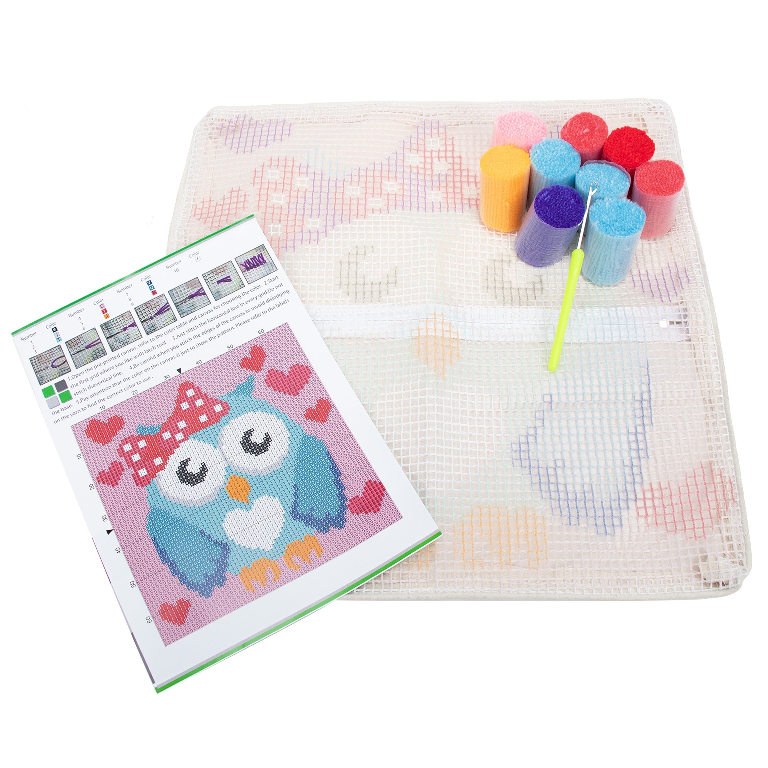 Latch Hook Kit DIY Throw Pillow Cover Christmas Gift Owl Dog Cat Bear Bird Print