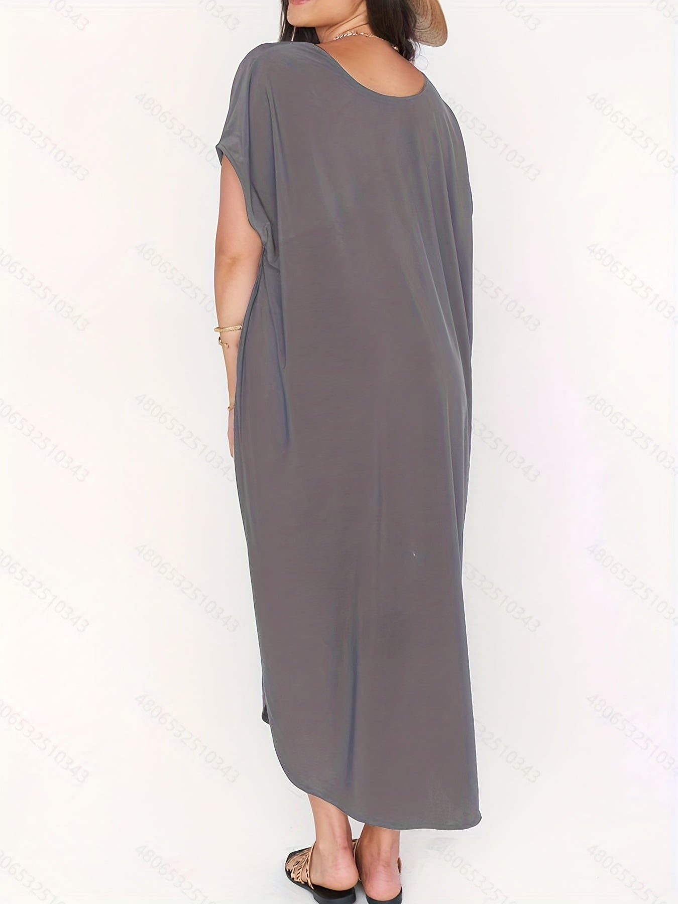 Dark Gray V Neck High Strech Beach Dress Short Sleeve Cover Up Women's Swimwear