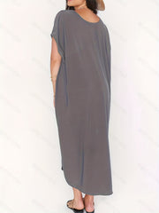 Dark Gray V Neck High Strech Beach Dress Short Sleeve Cover Up Women's Swimwear
