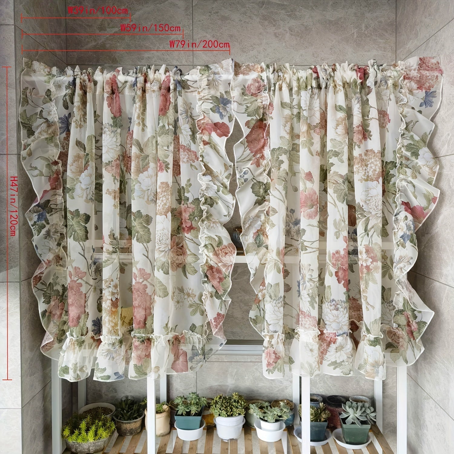 2pcs Flower Sheer Ruffled Short Curtain Valance French Tulle Door Curtains