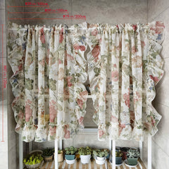 2pcs Flower Sheer Ruffled Short Curtain Valance French Tulle Door Curtains
