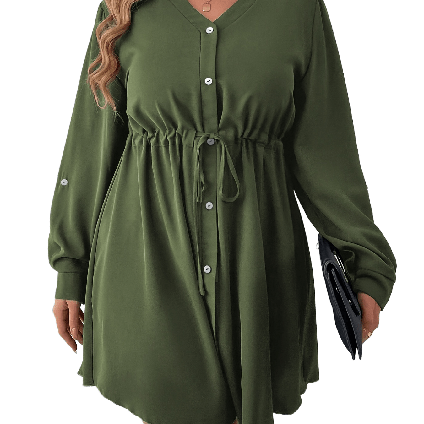 Button Front Long Sleeve Midi Dress Women's Plus