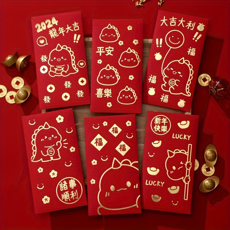6pcs Cartoon Golden Red Envelopes Year Of The Dragon Lucky Money Bags