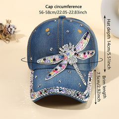 Dragonfly Patch Denim Baseball Cap Rhinestone Washed Distressed Dad Hat