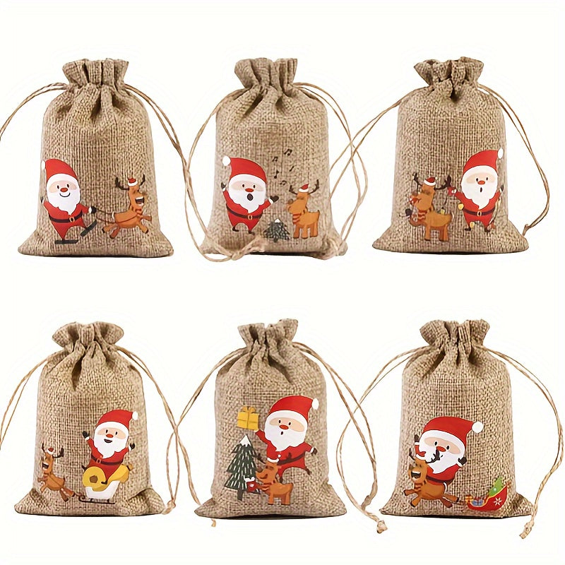 6pcs Christmas Linen Flax Bag Santa Claus Patterns Drawstring Pouch