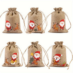 6pcs Christmas Linen Flax Bag Santa Claus Patterns Drawstring Pouch