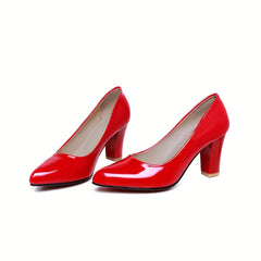 Red Chunky High Heels Pointed Toe Patent Leather Slip On Court Pumps