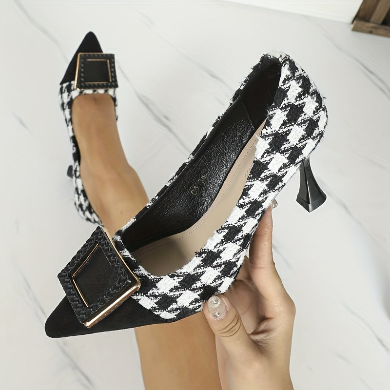 Houndstooth High Heels Square Buckle Pointed Toe Stiletto Heels