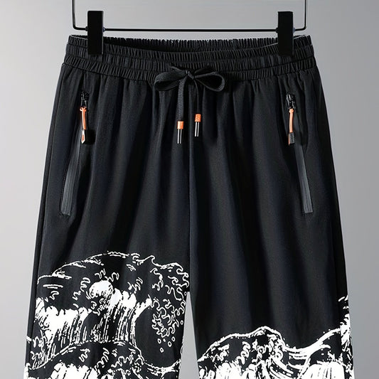 Men's Waves Print Drawstring Basketball Shorts Rapid Drying Gym Clothing