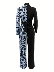 Geometric Print Belted Wide Leg Jumpsuit Spring & Fall