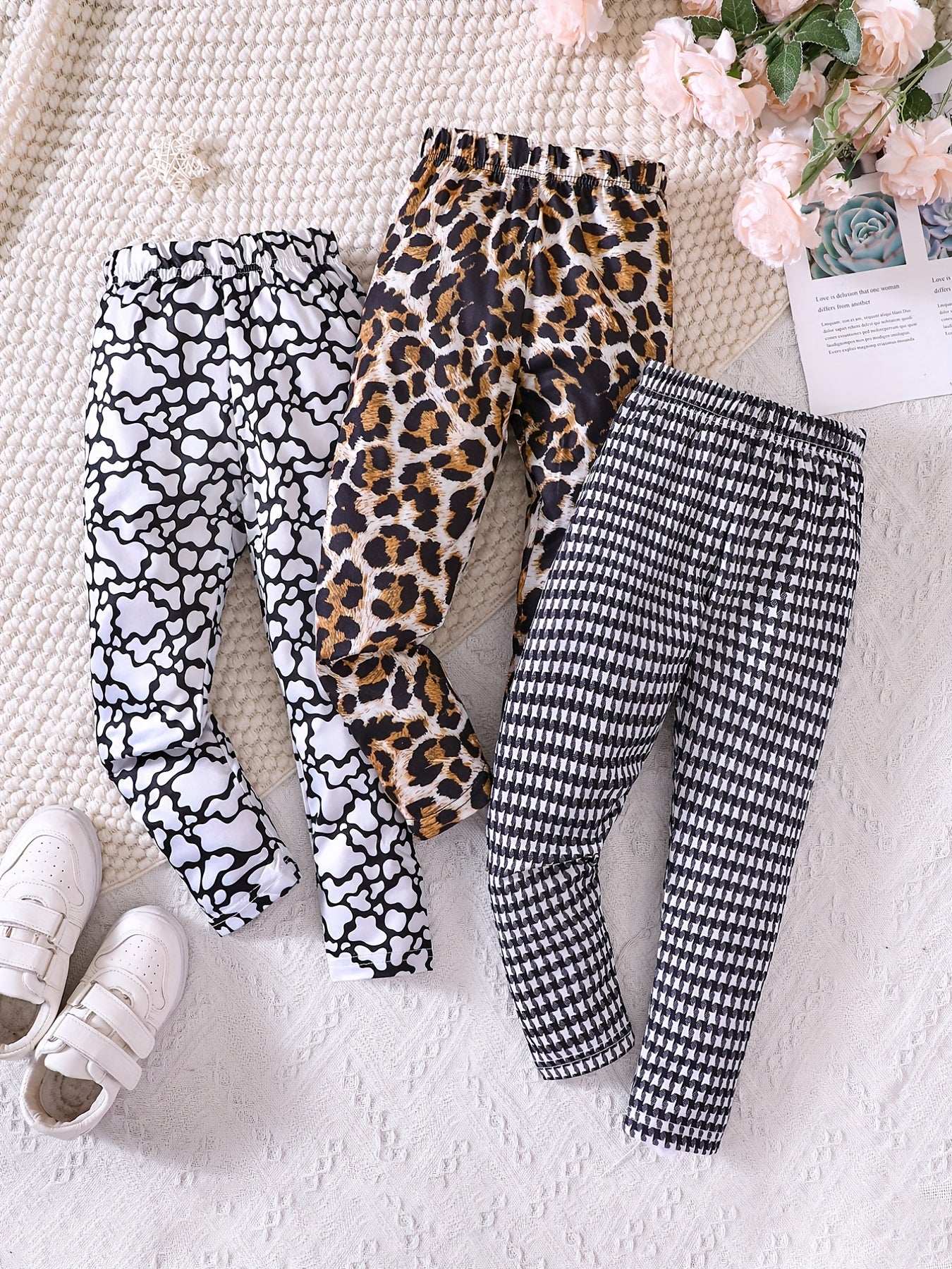 Girls Stylish Stretch Leggings with Cow Leopard Houndstooth Print