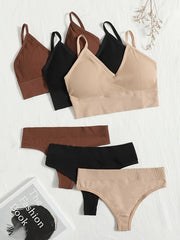 3 Sets Ribbed Bra & Panties Wireless Bralette & Thongs Lingerie