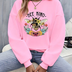Floral Bee Print Pullover Sweatshirt for Fall & Winter