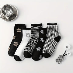 5 Pairs Cartoon Pattern Mid Tube Socks for Women
