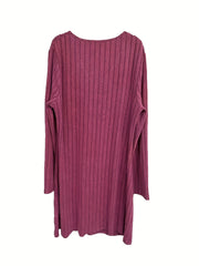 Ribbed Button Decor Long Sleeve V Neck A line Dress