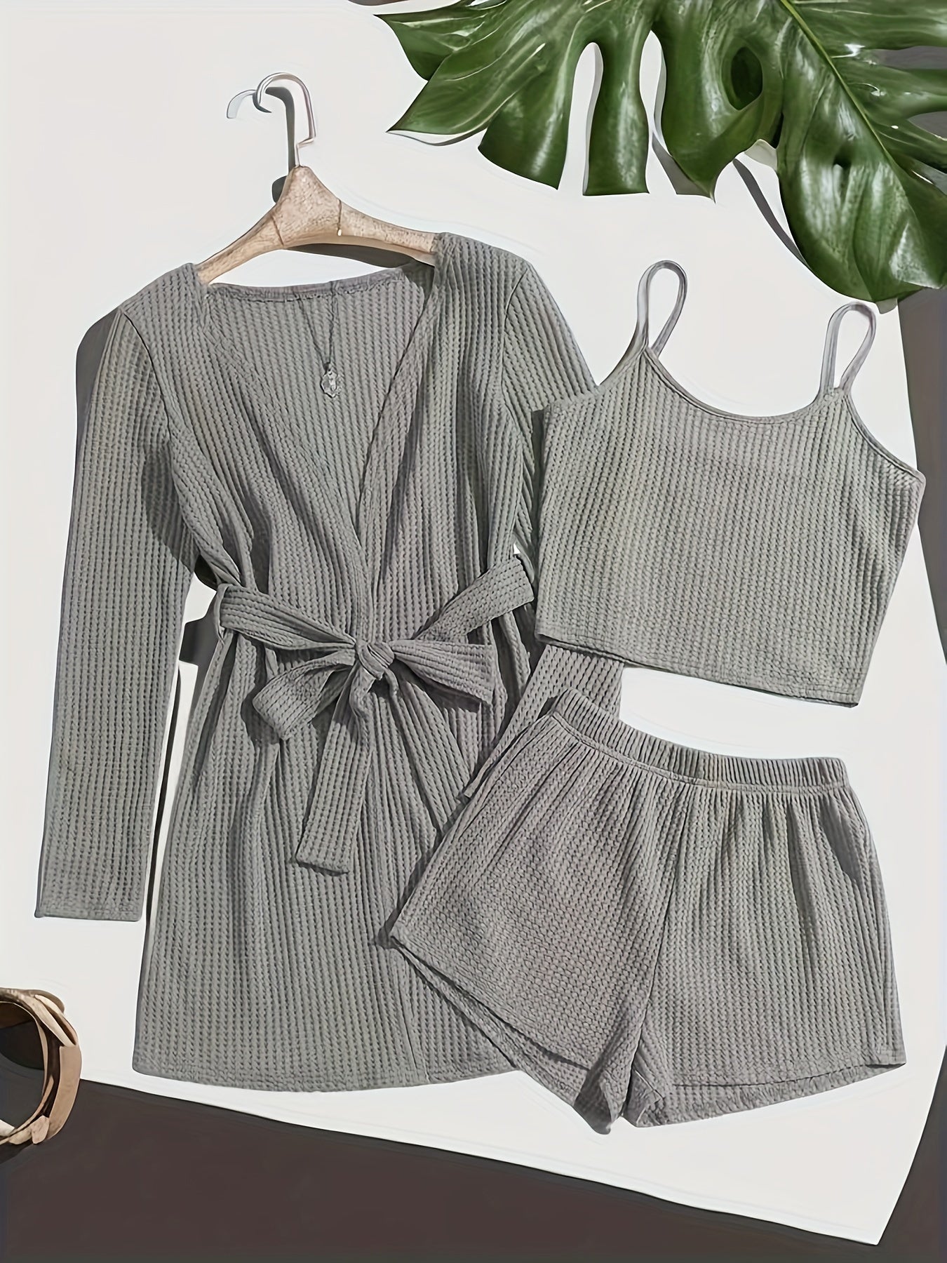 Solid Waffle Lounge Set Long Sleeve Robe & Crew Neck Cami Top & Shorts