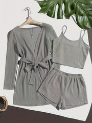 Solid Waffle Lounge Set Long Sleeve Robe & Crew Neck Cami Top & Shorts
