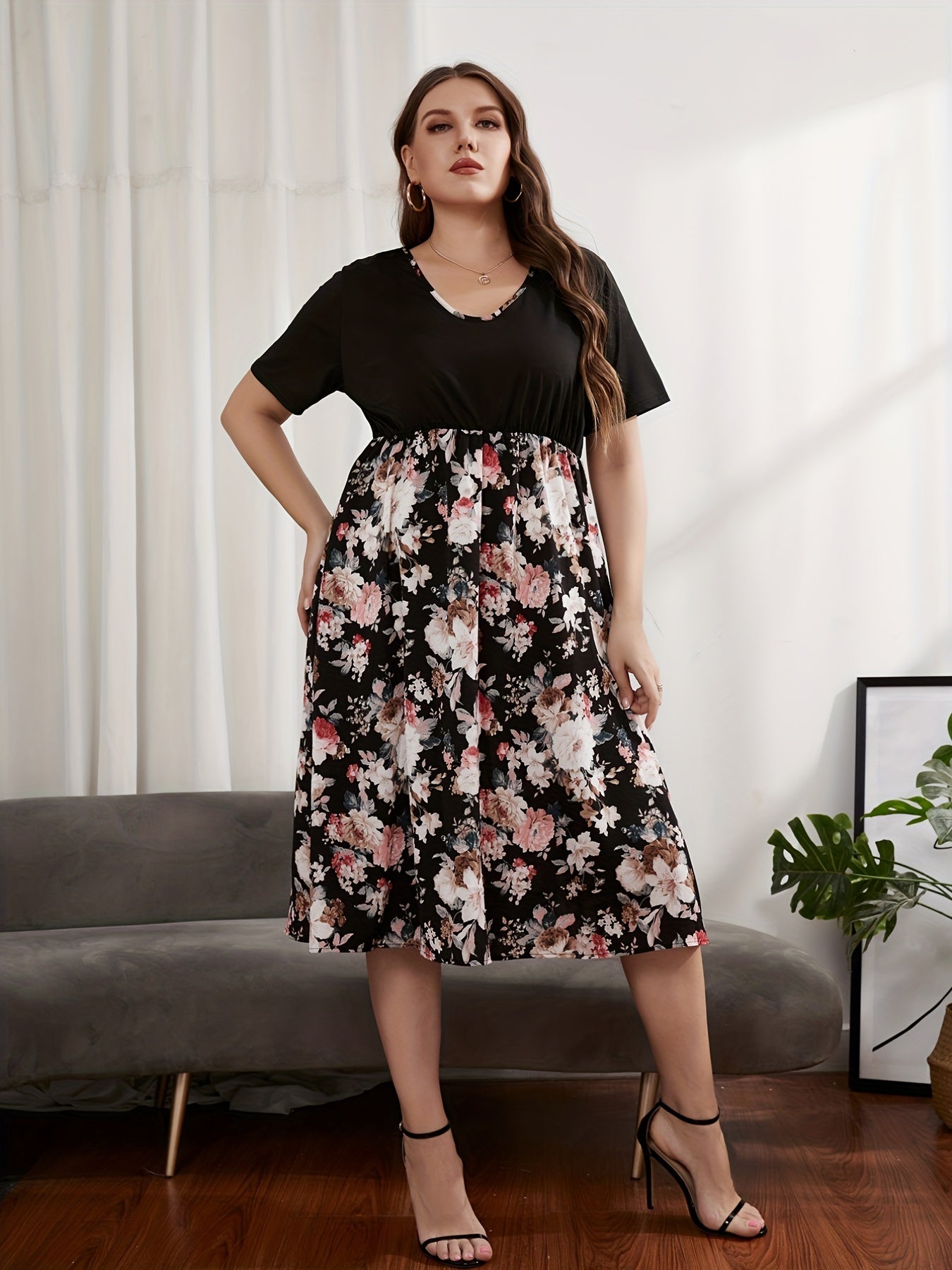 Floral Print Short Sleeve Plus Size Midi Dress