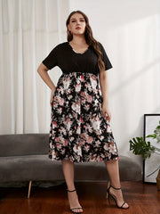 Floral Print Short Sleeve Plus Size Midi Dress