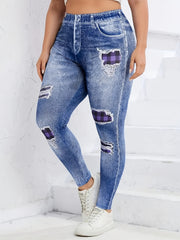 Colorblock Plaid & Denim Print Leggings