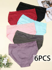 Lace Trim Bikini Briefs Mid Rise Cotton Panties