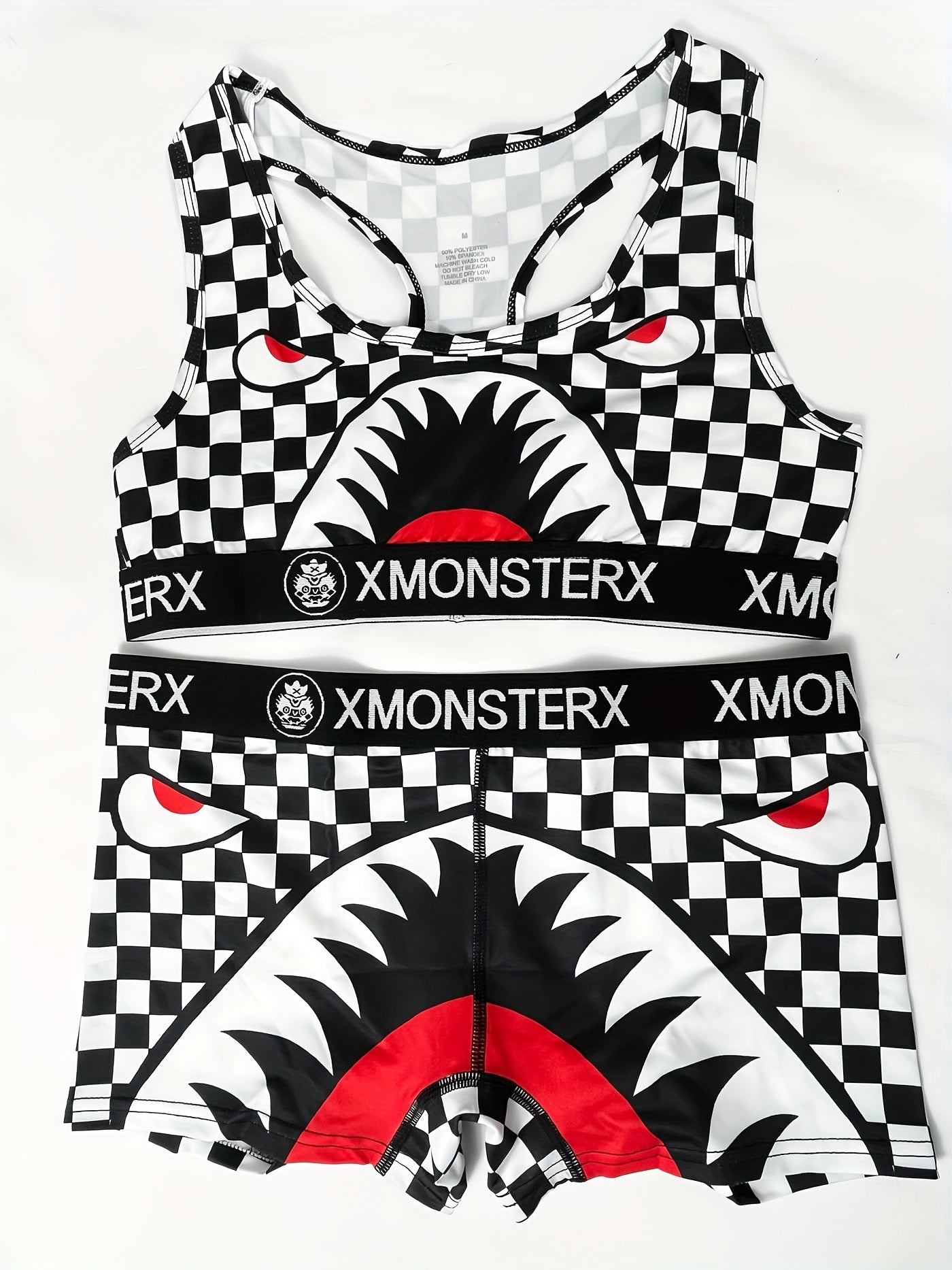Girls Monster Graphic Plaid Activewear Set - Top & Shorts