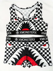 Girls Monster Graphic Plaid Activewear Set - Top & Shorts