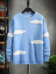 Cloud Chenille Embroidery Crew Neck Pullover Sweater for Men