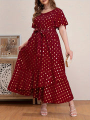 Women's Plus Golden Dot Print Maxi Dress with Belt