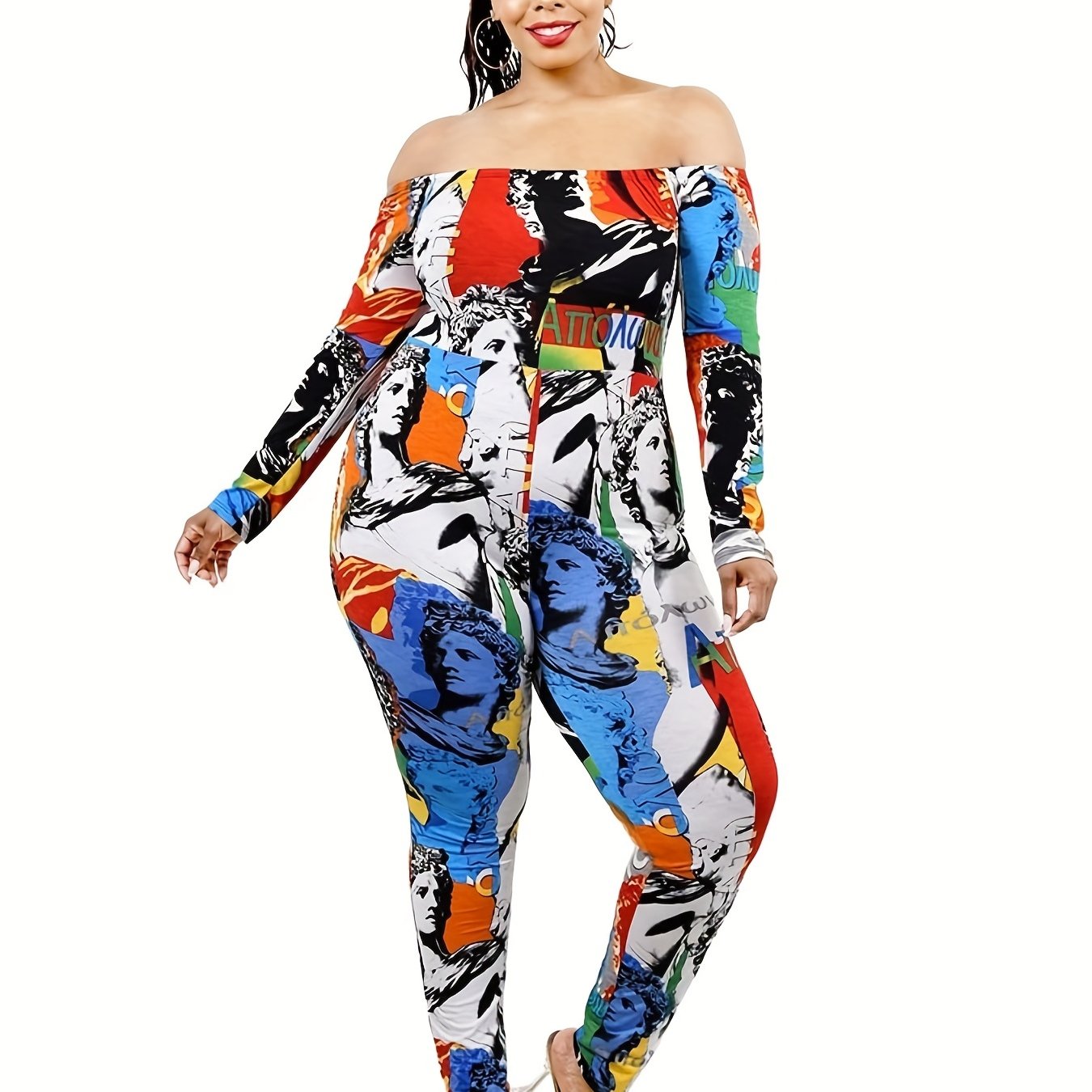 Sexy Jumpsuit Allover Print Off Shoulder Long Sleeve Stretch Jumpsuit