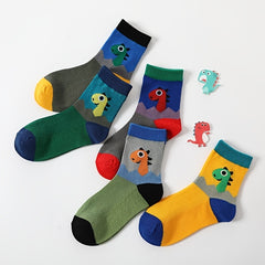 5 Pairs Boys Dino Print Crew Socks, Mesh Breathable Cotton, Spring & Summer